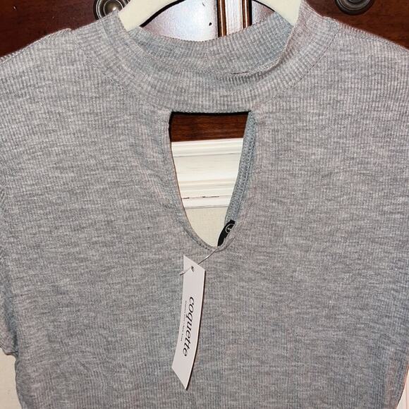 Popular Basics gray ribbed mock neck body suit W double keyhole cutouts NWT L - Picture 2 of 7